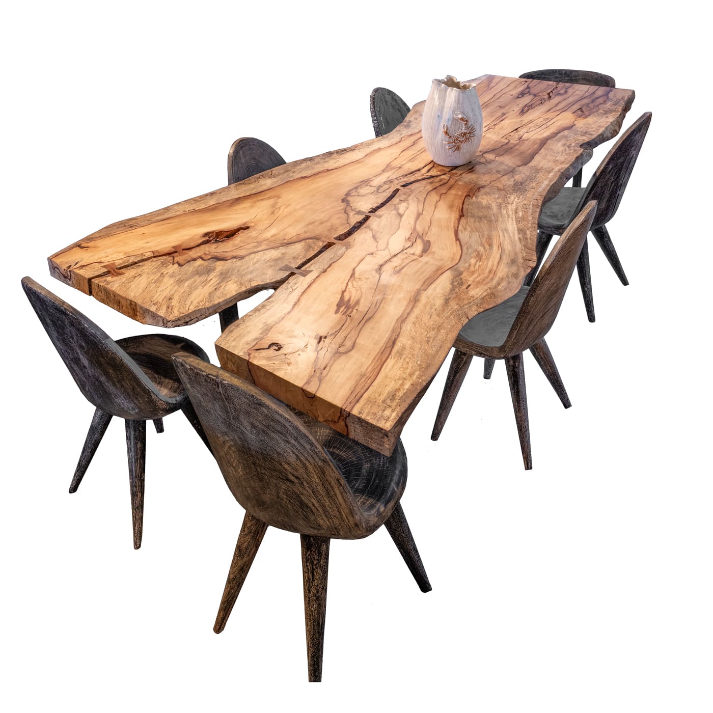 Sculpture Antique Teakwood Wagon Wheel Hub 001 Live edge wood table with chairs, rectangle